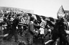 Juventus football team and supporters celebrating 1931-32 Serie A title at Campo Juventus in 1932