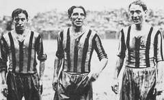 FBC Juventus footballers Raimundo Orsi, Giovanni Vecchina and Federico Munerati leaving the pitch at Campo Juventus after victory against Bologna SC, May 1, 1932