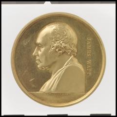 Portrait of James Watt, British inventor, with medals and plaquettes