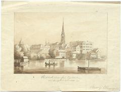 View of Riddarholmen island from Tegelbacken near Kungsholmsbron bridge, historical pencil drawing