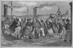 Illustration of a crowd at the steamship landing on Riddarholmen in 1882 showing steamship funnel
