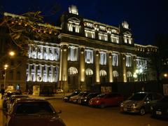 Night view of the illuminated main facade of the Argentine National Palace of Justice in Buenos Aires