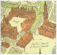 Historical Waterhalle building in Brugge Market from 1294 to 1787 with long main building and supporting columns over the Reie river