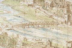 Historic wooden Pont del Real over Turia River in Valencia city view 1563