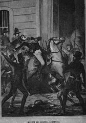 Black and white engraving depicting the assassination of General José de Canterac in Madrid, 1835