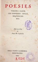 Cover of Joan Maragall's book 'Poesies' published in Barcelona by Sala Parés Llibreria in 1929