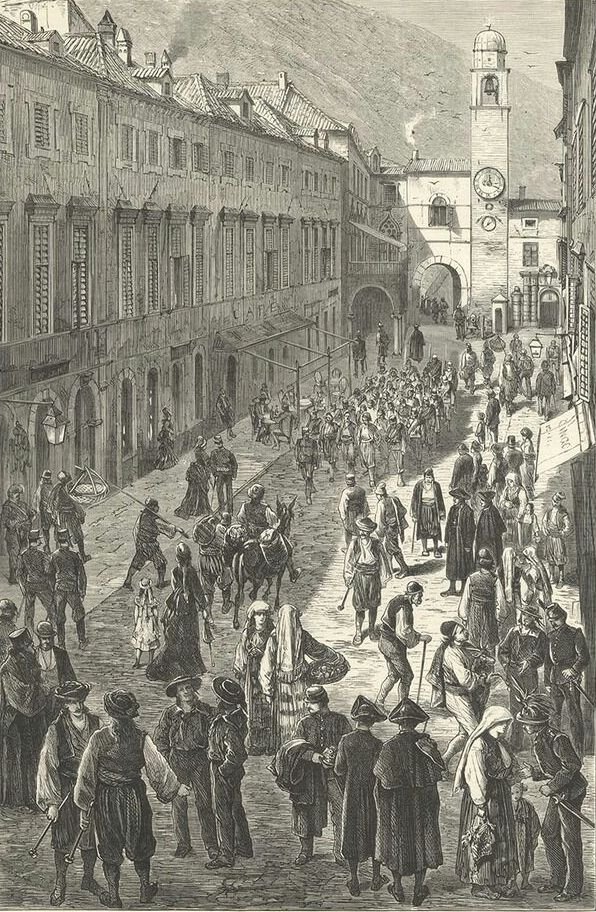 1876 lithograph of Dubrovnik depicting diverse international society in various national costumes