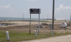Sign at Texas City pier entrance showing repair status after Hurricane Ike damage