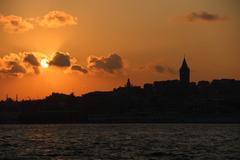 Sunset silhouette of Karaköy and Galata Tower in Istanbul