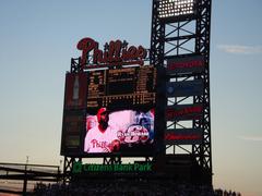 Citizens Bank Park scoreboard during a Philadelphia Phillies vs Pittsburgh Pirates baseball game at dusk