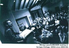 William Anthony Nericcio MCing a pacificREVIEW reading at Scripps Cottage SDSU