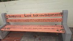 Kumeyaay Land Acknowledgement Bench at SDSU with intricate carved designs