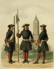 Russian Preobrazhensky Regiment soldier, sergeant, and officer in 1695-1700 with Moscow's Sukharev Tower background