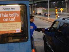 EZPass Free Tolls sign at Allston-Brighton in Boston for Thanksgiving 2014