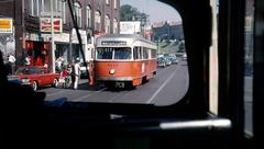 PCC streetcar number 3113 boarding passengers at Brighton Center in September 1965