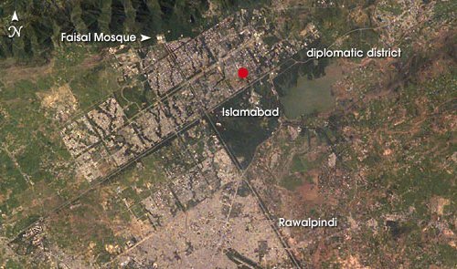 Location of Lal Masjid marked with a red circle on the map of Islamabad, Pakistan