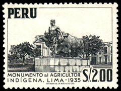 1952 Peruvian postage stamp featuring Monument to the Indigenous Farmer in Lima