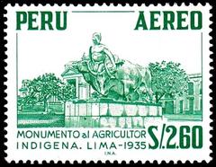 Peruvian postage stamp featuring monument to indigenous farmer in Lima, issued 1967