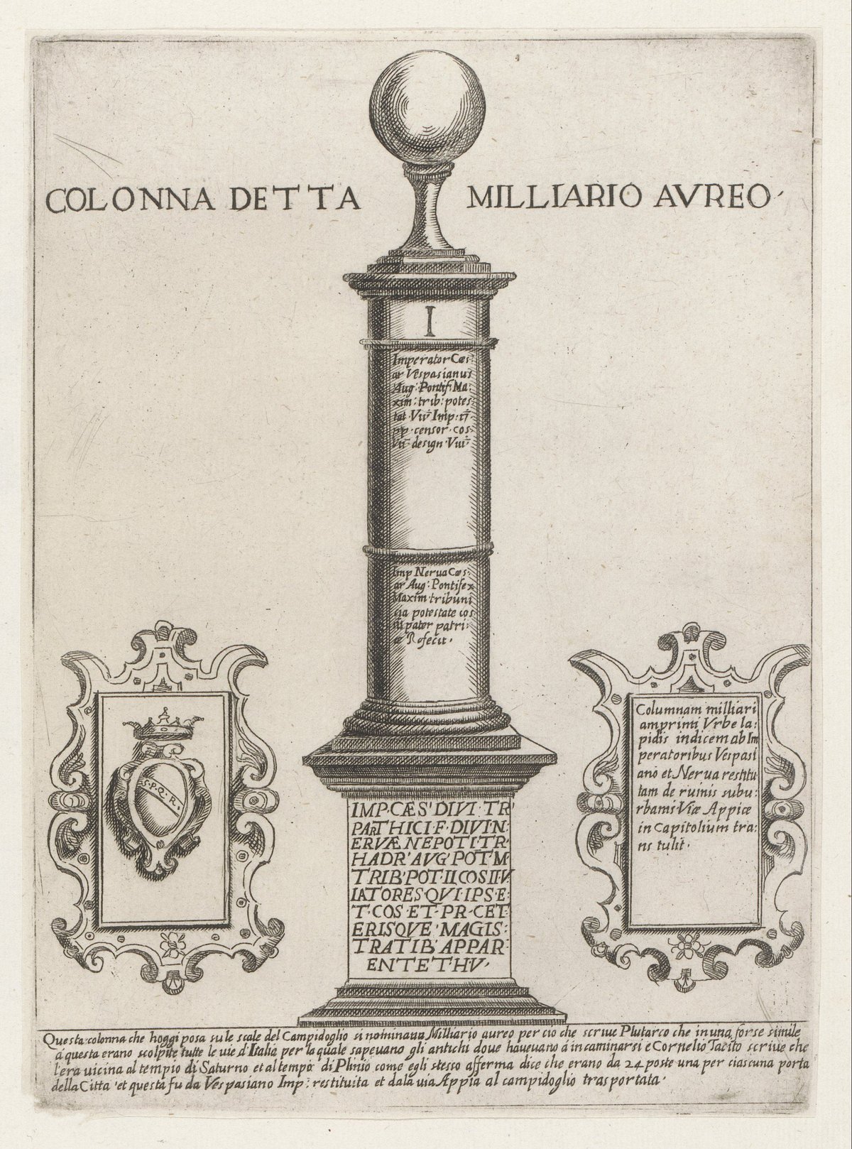 The Milliarium Aureum Roman milestone on the Forum Romanum Rome historic etching from 1651