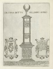 The Milliarium Aureum, a Roman milestone on the Forum Romanum in Rome indicating the start of all Roman roads, detailed etching showing inscriptions in Italian and Latin