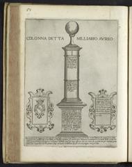Illustration of the Milliarium Aureum, the ancient Roman Golden Milestone, from a 16th-17th century etching showing the historical Roman milestone monument on the Quirinal Hill in Rome