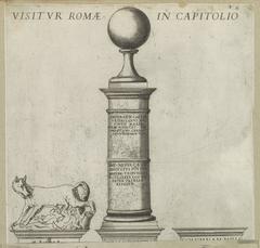 Illustration showing the Milliarium Aureum milestone and Lupa Capitolina sculpture on the Roman Forum with Latin inscription on the right