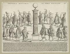 Milliarium Aureum golden milestone on the Roman Forum in Rome with men representing different continents illustrated in an old etching