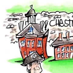 Cartoon drawing of Congress Hall, a red brick Georgian style building with a white cupola
