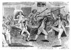 Illustration of a 1798 altercation between Representatives Matthew Lyon and Roger Griswold on the House floor with Lyon defending himself with fire tongs against Griswold's cane attack