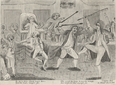 Illustration of Matthew Lyon and Roger Griswold fighting with cane and fire tongs on the House floor in 1798