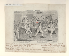 1798 illustration of political altercation between Representatives Matthew Lyon and Roger Griswold on the House Floor in Philadelphia, featuring Lyon defending himself with fire tongs against Griswold's cane attack