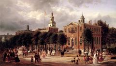 Historic Independence Hall in Philadelphia with clock tower and American flag