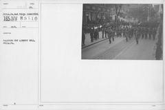 Soldiers parading down Chestnut Street past Independence Hall and the Liberty Bell in Philadelphia