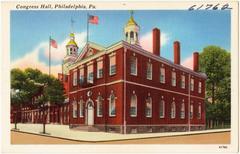 Historic Congress Hall government building in Philadelphia, Pennsylvania with American flag flying