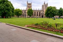 Bristol Cathedral exterior with historic architecture under blue sky