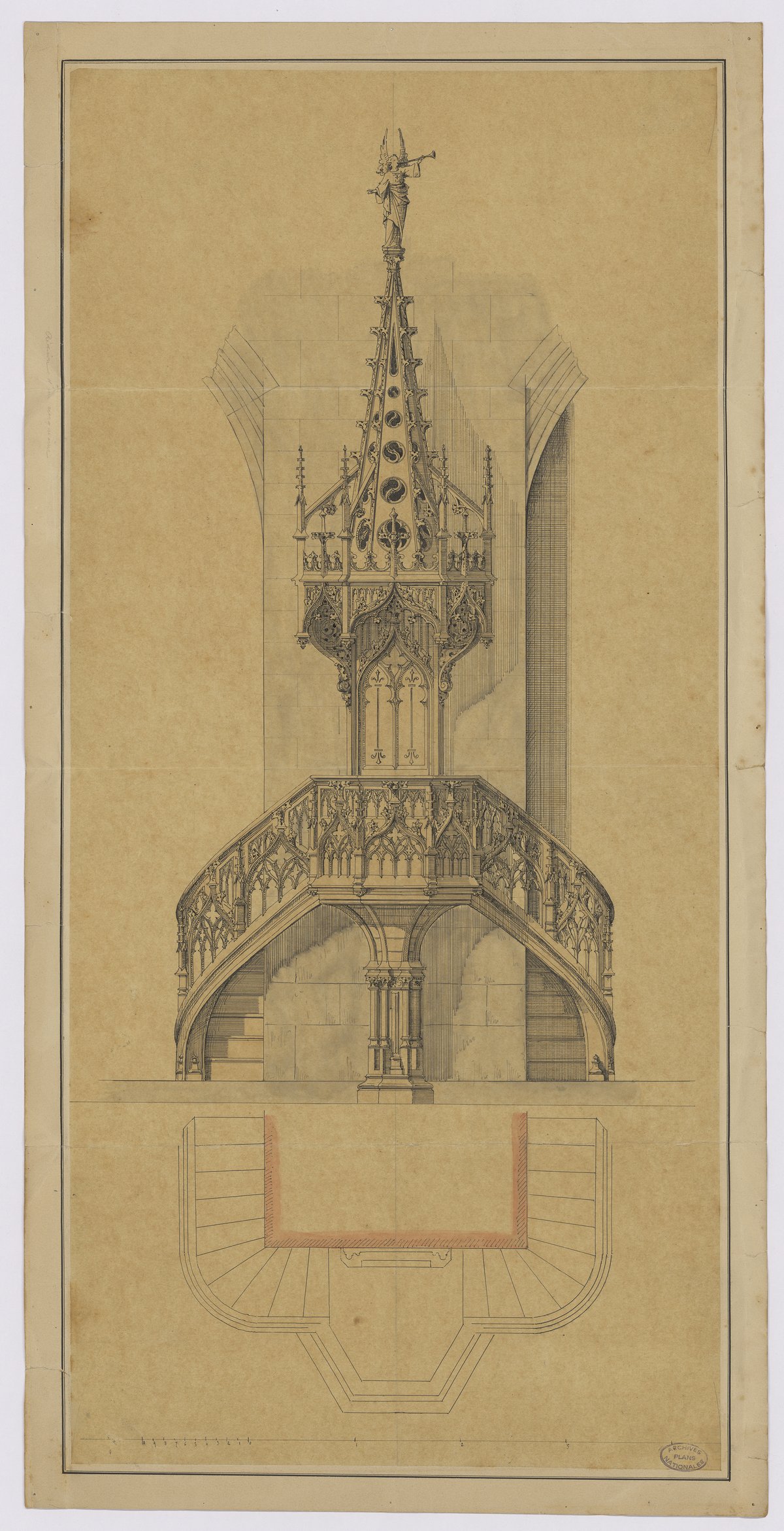 Drawing of the new pulpit of Vannes Cathedral in 1888