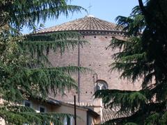 Exterior view of Santo Stefano Rotondo church in Rome from Via della Navicella