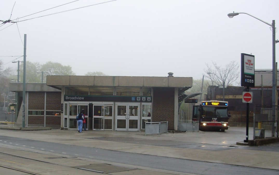 Broadview Station building with a bus serving 8 Broadview route waiting for passengers in Toronto Ontario