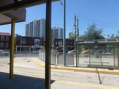 Bus and streetcar platforms at Broadview TTC Station with streetcars and buses waiting