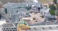 Panoramic aerial view of Melbourne Federation Square with modern architecture and surrounding cityscape