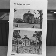 Black and white page from the catalog showing the town hall of Auvers during the Vincent van Gogh exhibition at the Stedelijk Museum Amsterdam in 1945