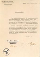 Identity card for the Kunstkelder in Castricum signed by F. Plutzar of the Reichskommissariat Niederlande