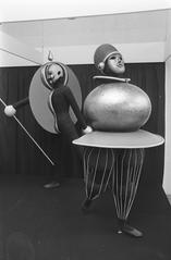 Black and white photograph of Bauhaus exhibition wire ballet figure by Oscar Schlemmer at Stedelijk Museum in 1968