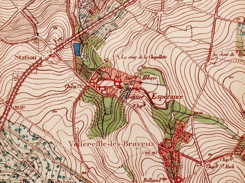 Detail of an 1882 topographic map showing Bonne-Espérance Abbey and railway line 108 in Vellereille-les-Brayeux, Belgium