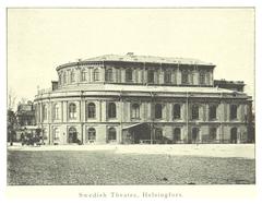 Historic exterior of the Swedish Theatre in Helsinki in 1894 with people and horse-drawn carriages