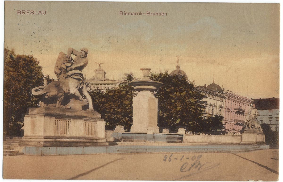 Historic view of Breslau city center in early 20th century with Bismarck Fountain