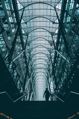 Spiral glass atrium staircase inside Brookfield Place, Toronto