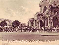 Generalfeldmarschall Prinz Leopold von Bayern reviewing victorious troops on parade at Sachsenplatz, Warsaw, 9 August 1915
