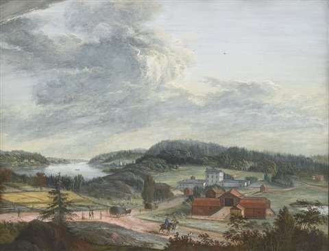 Painting of Ulvsunda Castle with a view over Ulvsundafjärden bay towards Karlbergsviken and Rörstrand, showing a white castle building, red farm buildings, and background lakes.