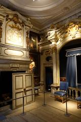 State bedroom interior at Ulvsunda Castle with historic furniture and decorations in Nordiska museet, Stockholm
